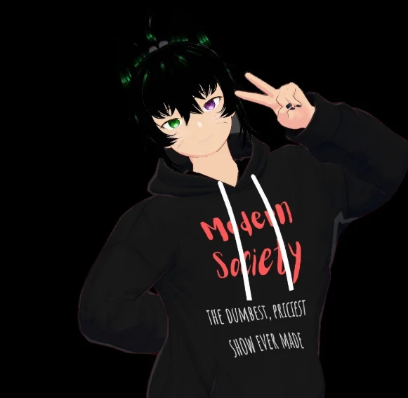 Pfeffis Avatar: schwarze Haare mit grünen Strähnen, ein grünes und ein violettes Auge, schwarzer Hoodie, Peace-Zeichen
